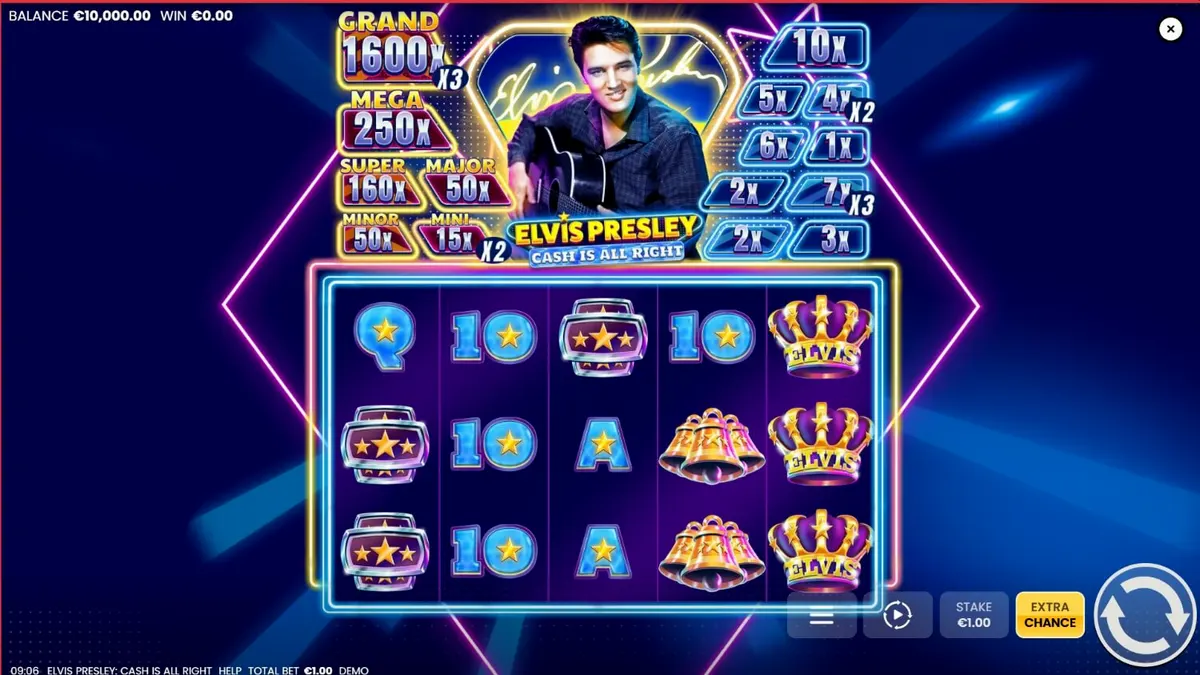 Tampilan visual slot Elvis Presley: Cash is All Right dengan nuansa neon Las Vegas