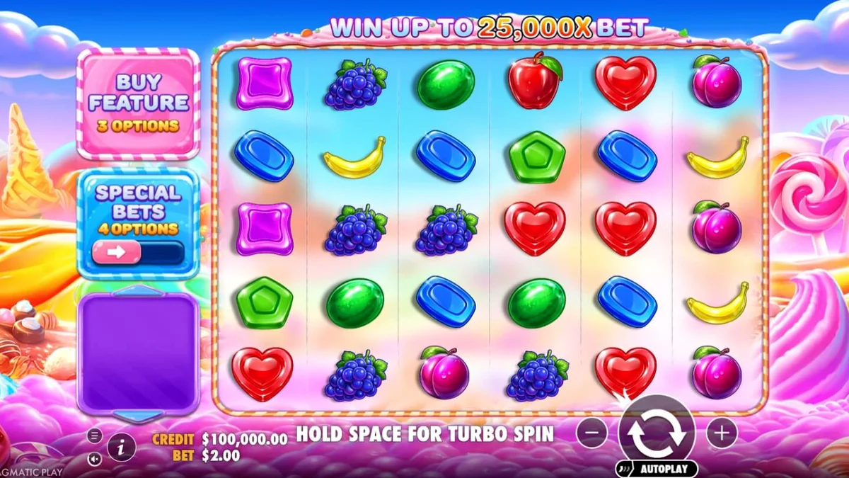 Tampilan visual penuh warna dari slot Sweet Bonanza 2500 dengan simbol permen dan buah-buahan.