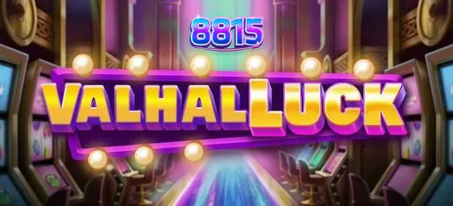 Tampilan layar permainan slot ValhalLuck dengan karakter Nordik yang ceria dan gulungan yang bersinar.